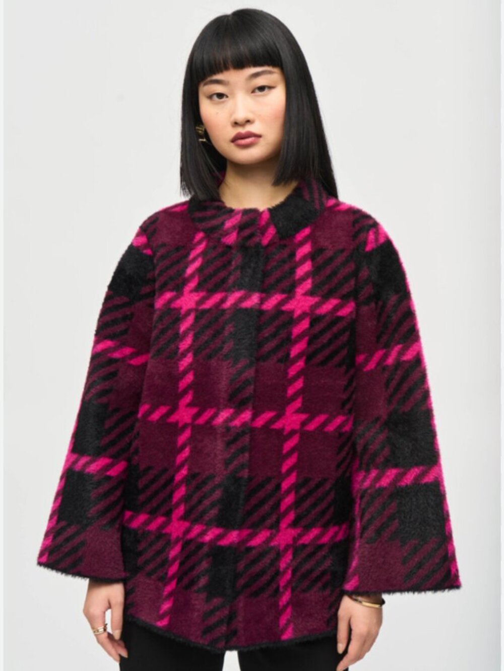 Joseph Ribkoff Tartan Plaid Feather Yarn Jacket Pink Punch Black Sz M ECU 243931